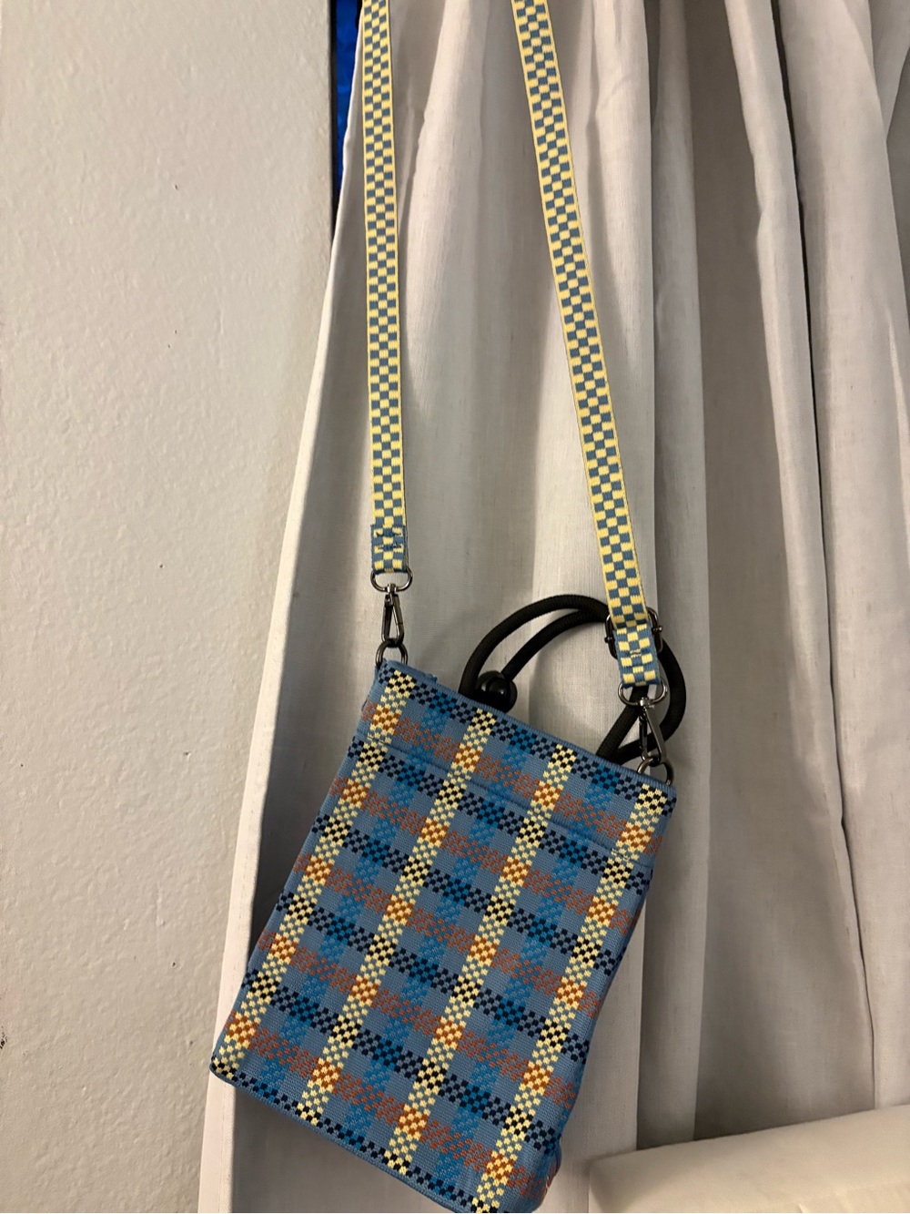 Blue Plaid Crossbody Bag with Detachable Strap